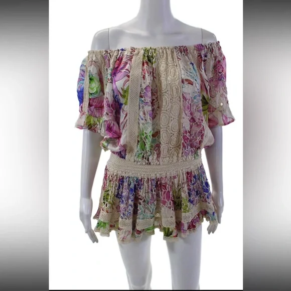 Sunday Tropez France Silk lace trim Floral Off-Shoulder Top & skirt set xs-s
